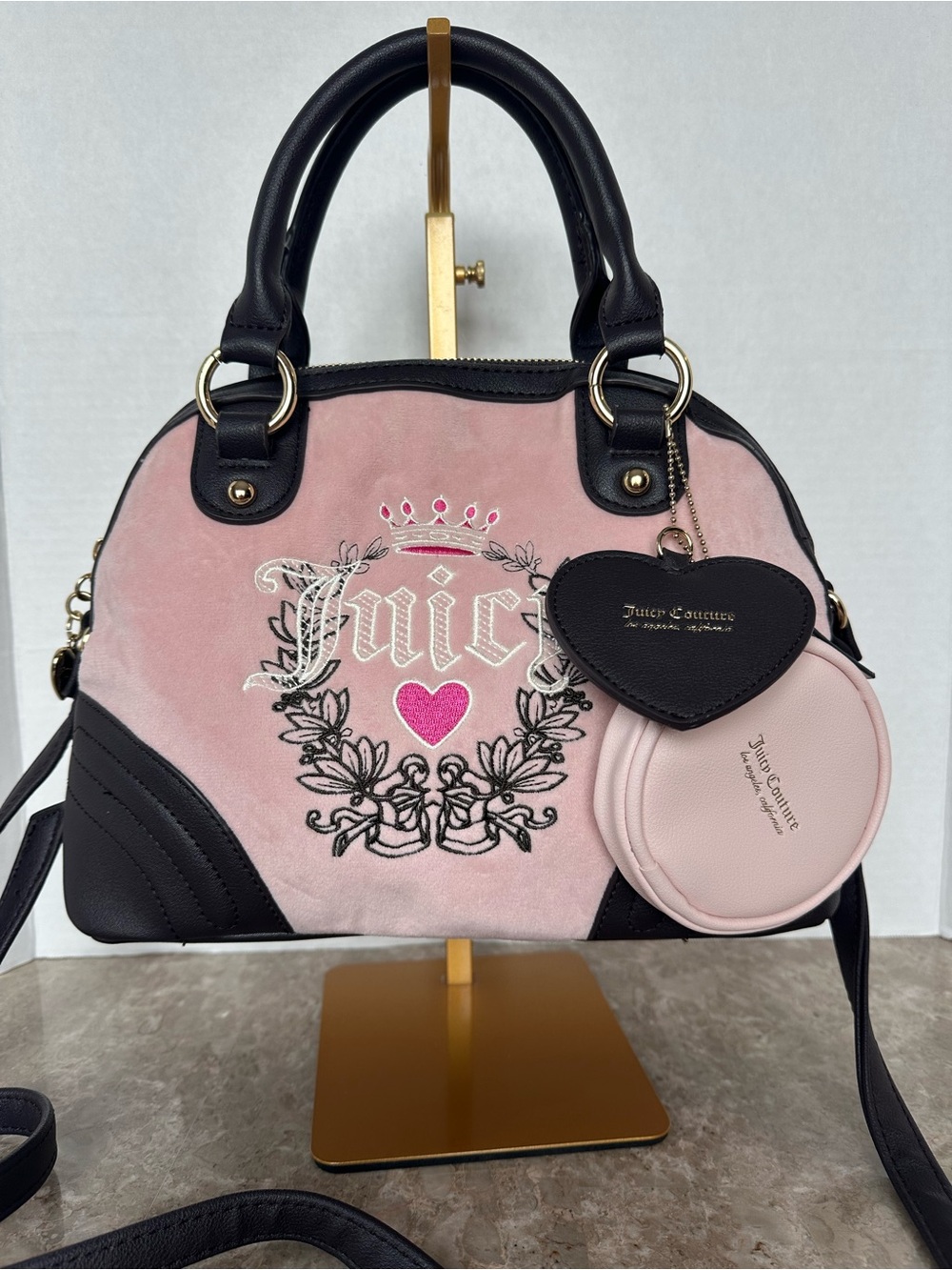 Juicy Couture Pink Velour Crown Embroidered Dome Satchel Bag Y2K Mcbling Glam